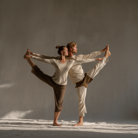 Fotorealistická fotografia inštruktora tao jogy, ktorý vedie malú skupinu počas rannej lekcie, dospelí stredoeurópskeho vzhľadu